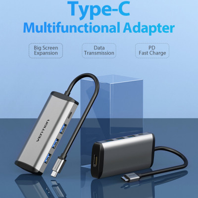 Cáp chuyển đổi Type-C sang HDMI + 3 cổng USB 3.0 + Type-C PD Vention CNBHB - hàng chính hãng