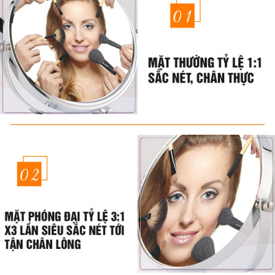 Gương trang điểm phóng đại 3 lần, xoay 360 độ, 2 mặt siêu nét, để bàn, Inox 304, Size 18cm, 20cm, Minh House G31