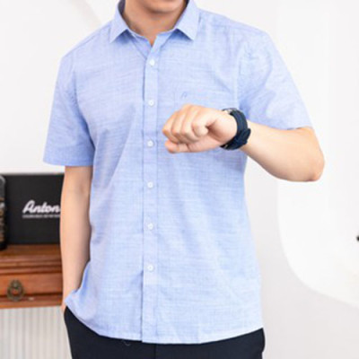 Áo Sơ Mi Nam Xanh Dương Ngắn Tay Thương Hiệu Anton Công Sở Trung Niên Vải Sợi Tre Họa Tiết In YGD561