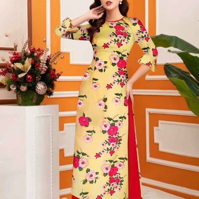 Áo dài nữ họa tiết hoa lá vàng đỏ