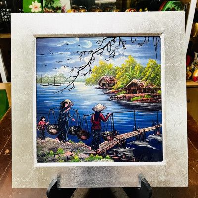 Tranh sơn mài đồng quê vẽ màu đẹp Thanh Bình Lê, hàng xuất khẩu 30x30 cm