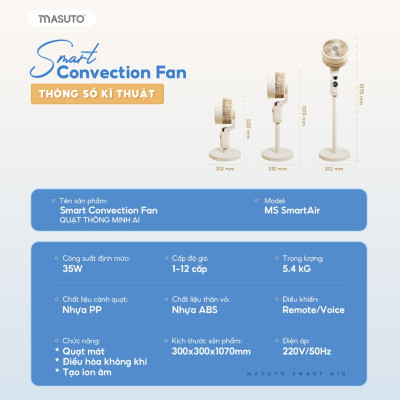 Quạt Điện Cây Masuto MS Smart Air Thông Minh AI, Điều Khiển Bằng Giọng Nói Tiếng Việt, Quạt Mát Ion Âm Bổ Sung Oxy, Điều Hòa Không Khí, Có Remote Từ Xa - Hàng chính hãng