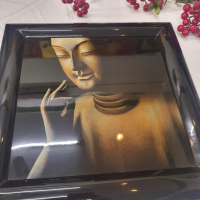 Tranh sơn mài vẽ tay Tượng Phật cao cấp Thanh Bình Lê size 38x38 cm treo tường, trang trí nhà cửa, văn phòng, quà tặng