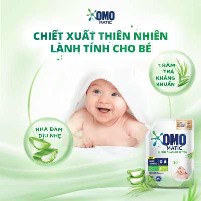 Túi Nước Giặt Omo Matic Cho Quần Áo Bé Yêu Chiết Xuất Tràm Trà Và Nha Đam Dịu Nhẹ, Sạch Khuẩn 3.6kg