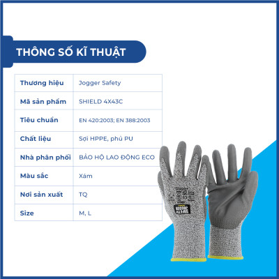 Găng tay chống cắt cấp độ 5 Jogger Shield cho thợ cơ khí, lắp đặt, nhôm kính