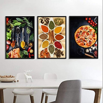 Bộ 3 tranh canvas treo phòng bếp chủ đề đồ ăn kèm khung composite 2cm