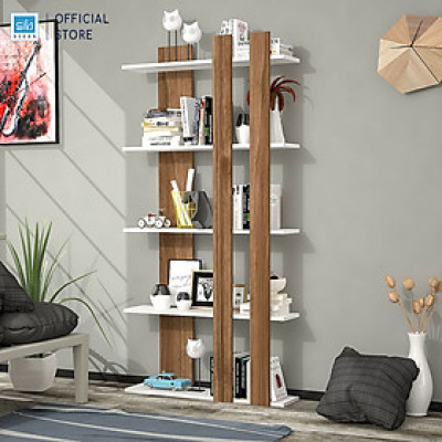 "Giá Để Sách Hiện Đại 5 Tầng Rộng 20cm, Dài 78cm Cao 155cm Màu Trắng Walnut SIB Decor KSG12