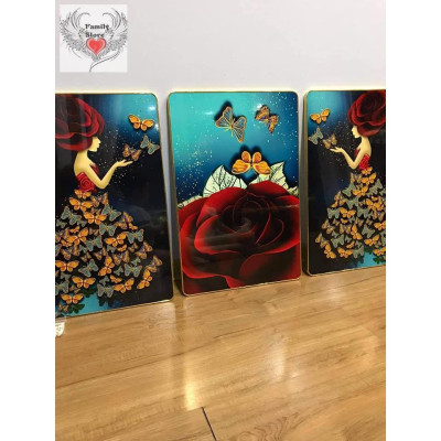 SAle off 50% bộ ba tranh tráng gương cao cấp treo tường lá xanh