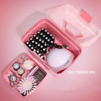 Cốp Nhựa Hồng Đựng Dụng Cụ Làm Nail 2 Ngăn Tiện Lợi 30x19x18cm, Để Vừa Máy Hơ Sun 5, Nắp Trong Có Thể Tháo Rời, Dễ Vệ Sinh Nail Phương Miu