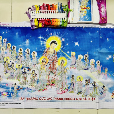 Tranh thêu Tây phương cực lạc thánh chúng a di đà phật LV3165, kích thước 113 x 63 cm