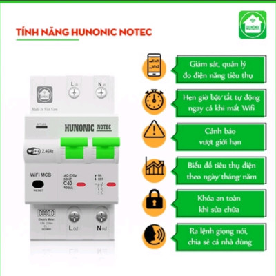 Aptomat 63A/220V Đo Năng Lượng Hunonic Notec Theo Dõi Lượng Điện Tiêu Thụ Điều Khiển Từ Xa Qua Wifi