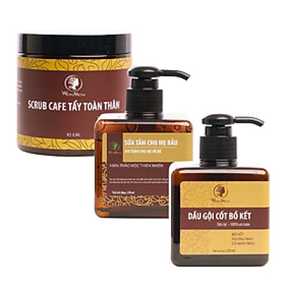 Bộ tắm gội toàn diện từ thảo mộc Wonmom ( 1 Dầu gội cốt bồ kết + 1 Sữa tắm cho mẹ + 1 Scrub café tẩy body )