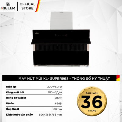 Máy hút mùi KIELER KL-SUPER998 công suất hút cao, không gây tiếng ồn, kiểu vát kính sang trọng, điều khiển bằng cử chỉ - Hàng Chính Hãng