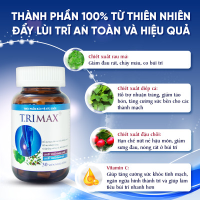 Liệu Trình Hỗ Trợ Điều Trị Trĩ TRIMAX, Giúp Co Búi Trĩ, Giảm Đau Rát Chảy Máu (Combo 3 Hộp Viên Uống Trimax + 1 Kem Thoa Trimax)