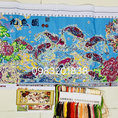 Tranh thêu chữ thập Cửu ngư  - tranh thêu kín kích thước 120 x 52 cm