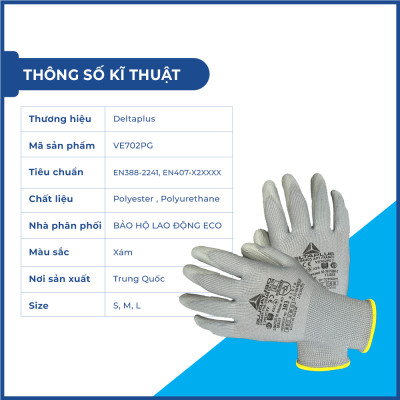 Găng tay bảo hộ lao động Deltaplus VE702PG phủ PU ôm tay, dễ cầm nắm, chống dầu, sửa chữa, vận hành