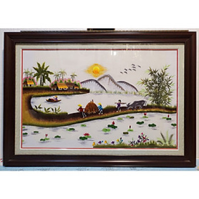 TRANH THÊU - LÀNG QUÊ - ĐỒNG QUÊ CẤY CÀY 