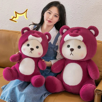Thú nhồi bông lena đội mũ gấu dâu ngồi đáng yêu - Size từ 28cm đến 80cm - Quà tặng gấu bông lena dễ thương.