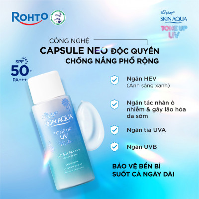 Kem chống nắng nâng tông Skin Aqua Tone up Blue cho da vàng có khuyết điểm đỏ, dạng sữa Sunplay Skin Aqua Tone Up UV Milk Blue SPF 50+ PA++++ 50g