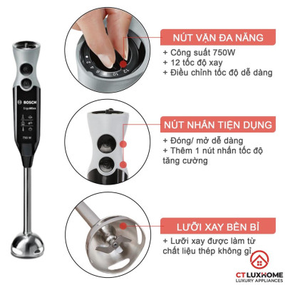 Máy xay thực phẩm cầm tay Bosch MSM67160 12 cấp độ, 750W, 220V, 50/60Hz, Kèm cây đánh trứng [Hàng chính hãng]