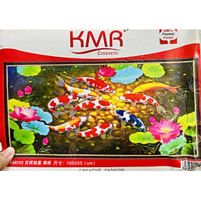Tranh thêu kín Cửu ngư  quần hội KM059, kích thước 100 x 55 cm