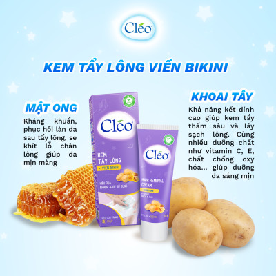 Combo tẩy lông Bikini Cléo, an toàn, không đau rát, hiệu quả trong 8 phút 50g và tẩy lông nách Cléo cho da thường 50g