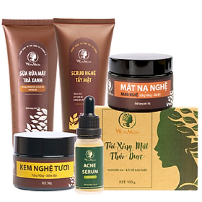 Bộ trắng da, sạch mụn nám cao cấp Wonmom ( Sữa rửa mặt+ Scrub nghệ+ Kem nghệ tươi + Serum mụn + Mặt nạ nghệ + Xông mặt )