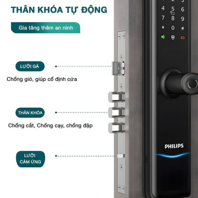 Bộ khóa cửa thông minh Bluetooth, vân tay, thẻ từ, mật khẩu và chìa cơ Philips DDL7300 - Hàng chính hãng (BH 2 NĂM)