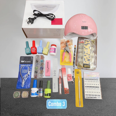 Combo Dụng Cụ Làm Nail Cá Nhân Số 3, Bộ Phụ Kiện Cơ Bản Cho Học Viên Tại Nhà, Gồm Máy Hơ Sun 5, Sơn 4 Màu, Bút Chấm Đá Nữ