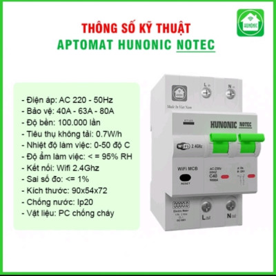 Aptomat 63A/220V Đo Năng Lượng Hunonic Notec Theo Dõi Lượng Điện Tiêu Thụ Điều Khiển Từ Xa Qua Wifi
