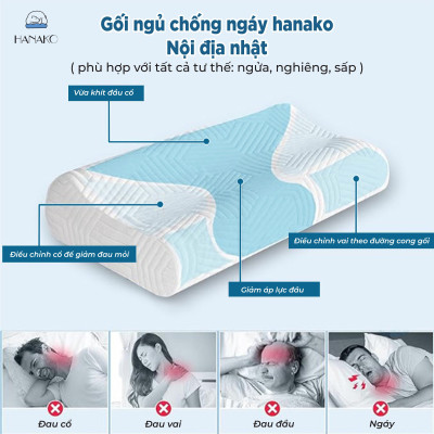 Gối ngủ chống đau vai gáy công thái học HANAKO nội địa nhật, chất liệu mút cô đặc cao cấp