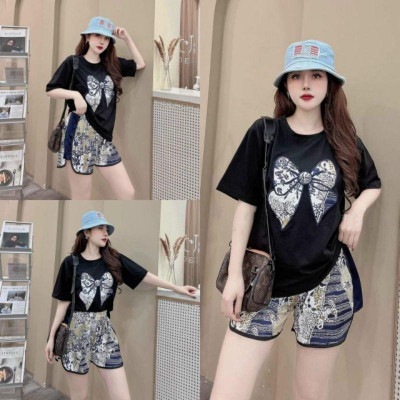 Sét bộ đồ đùi sort nữ in họa tiết nơ siêu xinh