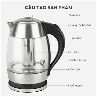 Ấm siêu tốc, bình thủy tinh Lebenlang LBLB2226 có lõi lọc trà, công suất 2200W, dung tích 1800ml, bảo hành 2 năm - hàng chính hãng