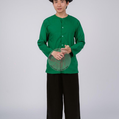 Bộ áo bà ba nam phối áo cate xanh lá + Quần cate đen - Có bộ bà ba Bigsize