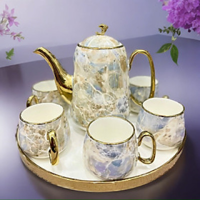 Bộ ấm chén, bình trà cao cấp men vân đá viền mạ vàng 24k đế xoay 360d