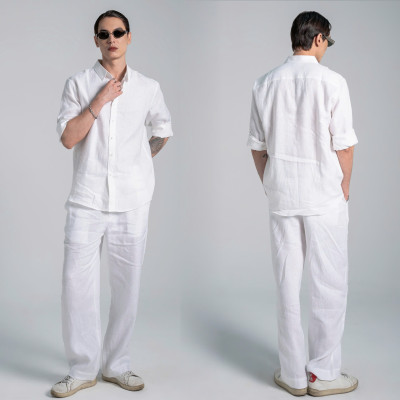 Set Bộ Sơ Mi Nam Basic Áo Dài Tay Mix Quần Suông Ống Rộng Vải Linen Sợi Tự Nhiên Mát Mẻ