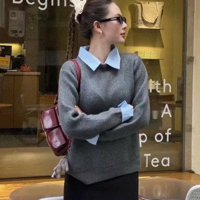 Áo Len Xám Mix Cổ Sơ Mi Xanh Nữ Dáng Xinh