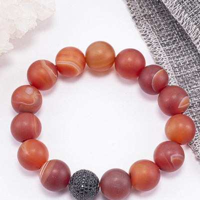 Vòng Tay Phong Thủy Nam Đá Mã Não Đỏ Nhám Phối Charm Cầu Đính Đá (14mm) Mệnh Hỏa, Thổ Ngọc Quý Gemstones