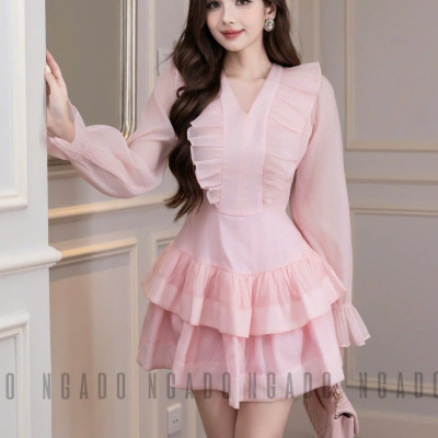 Đầm hồng tay voan NGADO , đầm voan , đầm nữ , đầm dự tệc, dạo phố