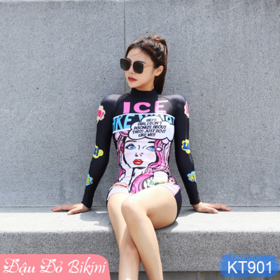 Bộ Đồ Bơi Nữ Liền Thân Quần Đùi Tay Dài, Chống Nắng Tối Ưu, Khóa Kéo Sau Tiện Lợi, Chất Vải Thun Lạnh Co Giãn Cao, Nhanh Khô - Phom Dáng Ôm Gọn, Tôn Dáng | KT901