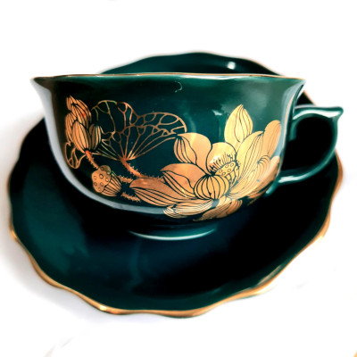 Bộ ấm chén Bát Tràng cao cấp phú quý Mallard màu xanh Arctic họa tiết hoa sen vẽ vàng 24k