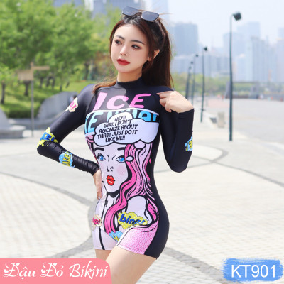 Bộ Đồ Bơi Nữ Liền Thân Quần Đùi Tay Dài, Chống Nắng Tối Ưu, Khóa Kéo Sau Tiện Lợi, Chất Vải Thun Lạnh Co Giãn Cao, Nhanh Khô - Phom Dáng Ôm Gọn, Tôn Dáng | KT901
