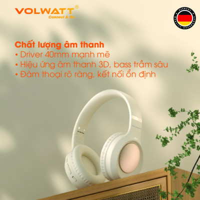 Tai nghe chụp tai không dây Volwatt Flow hàng chính hãng | Bluetooth 5.4 + EDR, AUX 3.5mm, Pin 200mAh 18h, Mic ENC, BH 12 tháng