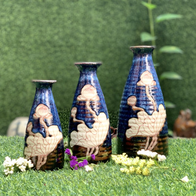  Bộ 3 lọ hoa men hỏa biến vẽ sen