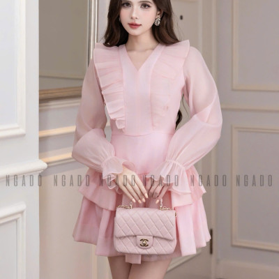 Đầm hồng tay voan NGADO , đầm voan , đầm nữ , đầm dự tệc, dạo phố