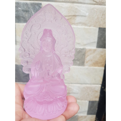 Tượng Phật Bà Quan Âm Mới Đá Lưu Ly Hồng Để Trong Xe Hơi hoặc trên bàn cao 12cm đk 7cm đế 5cm hợp Anh Chị Mệnh Hỏa mệnh Thổ ạ