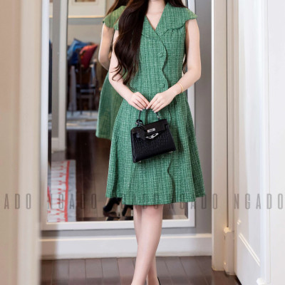 Đầm tweed xanh cổ vest NGADO , đầm ngắn dự tiệc
