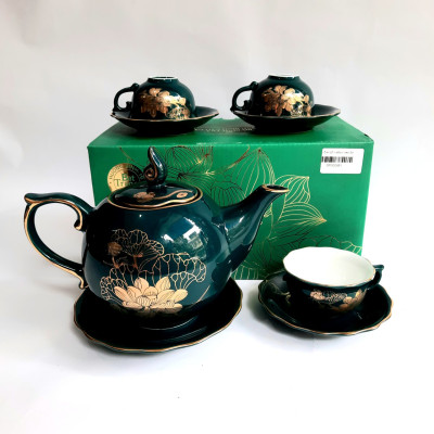 Bộ ấm chén Bát Tràng cao cấp phú quý Mallard màu xanh Arctic họa tiết hoa sen vẽ vàng 24k
