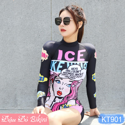 Bộ Đồ Bơi Nữ Liền Thân Quần Đùi Tay Dài, Chống Nắng Tối Ưu, Khóa Kéo Sau Tiện Lợi, Chất Vải Thun Lạnh Co Giãn Cao, Nhanh Khô - Phom Dáng Ôm Gọn, Tôn Dáng | KT901