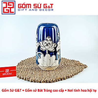 Lọ hoa men hỏa biến lá dứa miệng thấp vẽ sen Gốm Sứ G&T